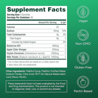 Upgraded Keto Berberine Complex Gummies (Sugar-Free) w Ceylon Cinnamon, Milk Thistle, ACV [AMPK Metabolic Activator] Berberine Supplement for Metabolism, Energy, Gut Health, Fasting, Body Mass Control