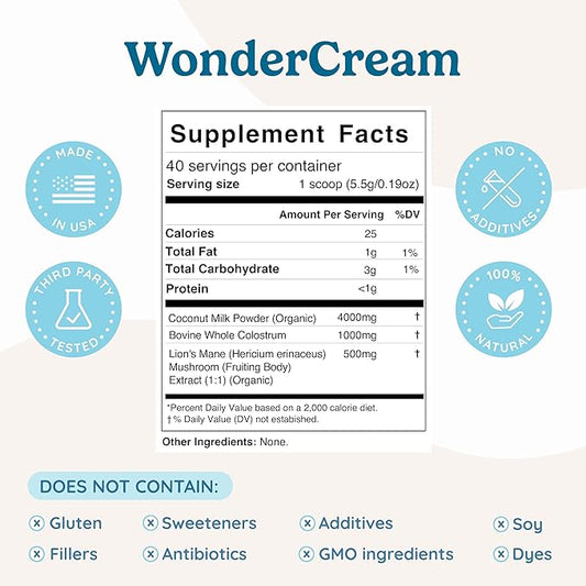 Bovine Colostrum Superfood Creamer Supplement Powder w/Organic Lions Mane Mushroom & Coconut Milk Powder MCTs | Functional Sugar Free Keto Coffee, Smoothie & Drink Mix Unsweetened