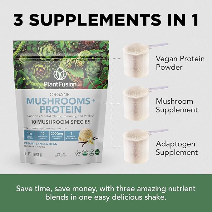 Plantfusion Mushroom Protein Powder - 3 in 1 Vegan Protein Powder, Mushroom Supplement, and Adaptogen Supplement - Support Mental Focus, Immunity, and Recovery - Vanilla 1lb
