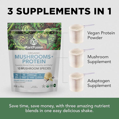 Plantfusion Mushroom Protein Powder - 3 in 1 Vegan Protein Powder, Mushroom Supplement, and Adaptogen Supplement - Support Mental Focus, Immunity, and Recovery - Vanilla 1lb
