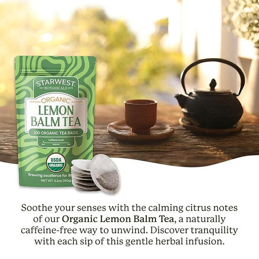 Starwest Botanicals Organic Lemon Balm Leaf Tea - Calming Herbal Tea for Women & Men, Caffeine Free, USDA Organic Lemon Balm Leaf, String Free Sachets, Non GMO - Bulk Pack, 100 Tea Bags