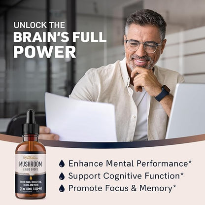 Mushrooms Liquid Drops Complex | Lions Mane Supplement with Turkey Tail Mushroom, Reishi, Shiitake & More | Support Cognitive Function, Memory & Focus | Non-GMO, Soy-Free | 2 Fl Oz, 60 Servings