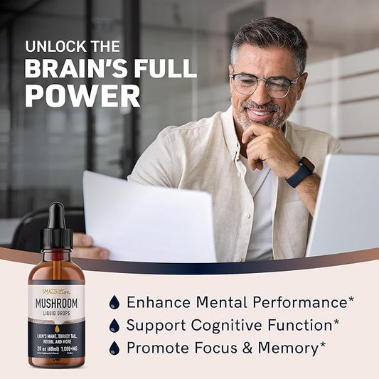 Mushrooms Liquid Drops Complex | Lions Mane Supplement with Turkey Tail Mushroom, Reishi, Shiitake & More | Support Cognitive Function, Memory & Focus | Non-GMO, Soy-Free | 2 Fl Oz, 60 Servings