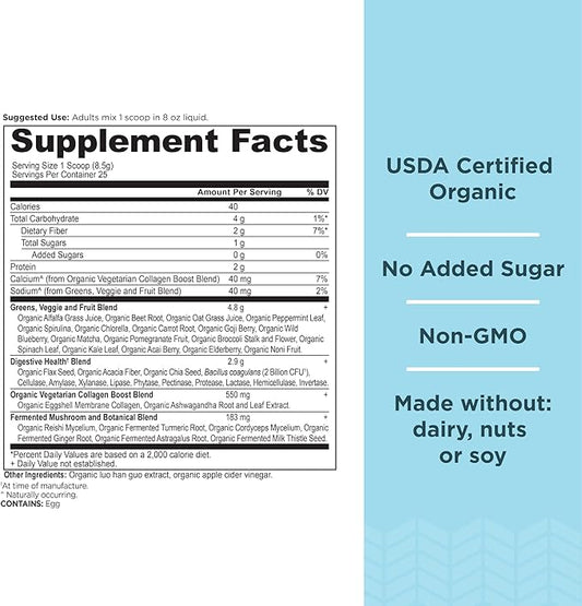 Ancient Nutrition Supergreens Powder, Organic Superfood Powder with Collagen, Made from Real Fruits, Vegetables and Herbs, for Digestive and Energy Support, 25 Servings, 7.5oz