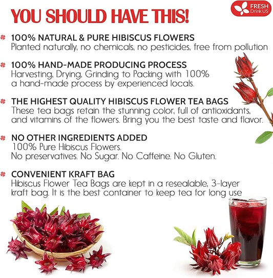 FRESHDRINKUS, Premium 30 Hibiscus Flowers Tea Bags, 100% Natural & Pure from Hibiscus Flowers. Loose Flower Hibiscus Herbal Tea. No Sugar, No Caffeine, No Gluten, Vegan.