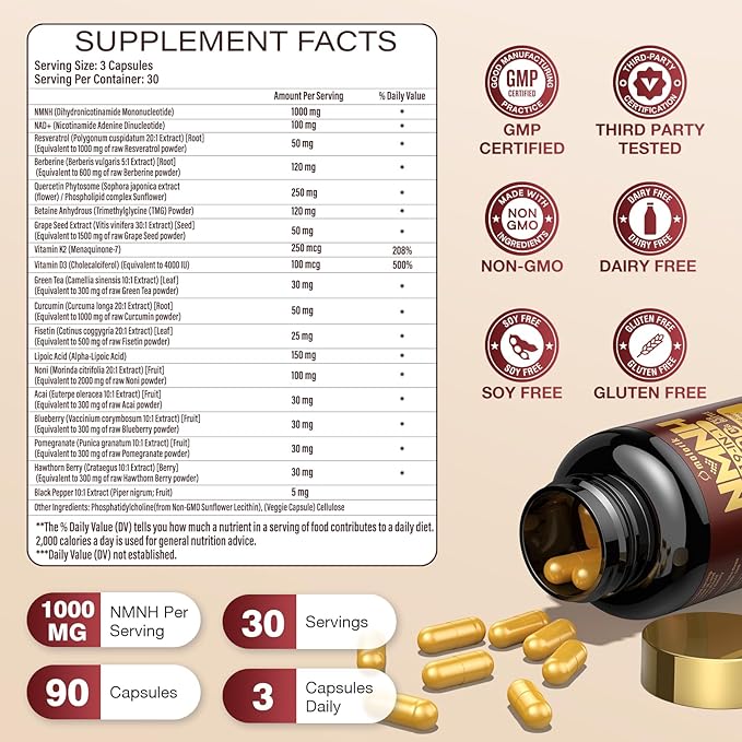 19 in 1 NMNH (Dihydronicotinamide Mononucleotide) 1000mg Per Serving, NAD Supplement Boost NAD+, NAD Resveratrol Supplement with Quercetin, Berberine for Healthy Aging, Energy, 90 Capsule-2PACK