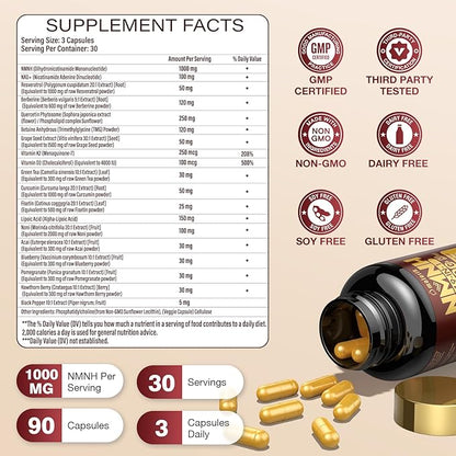 19 in 1 NMNH (Dihydronicotinamide Mononucleotide) 1000mg Per Serving, NAD Supplement Boost NAD+, NAD Resveratrol Supplement with Quercetin, Berberine for Healthy Aging, Energy, 90 Capsule-2PACK