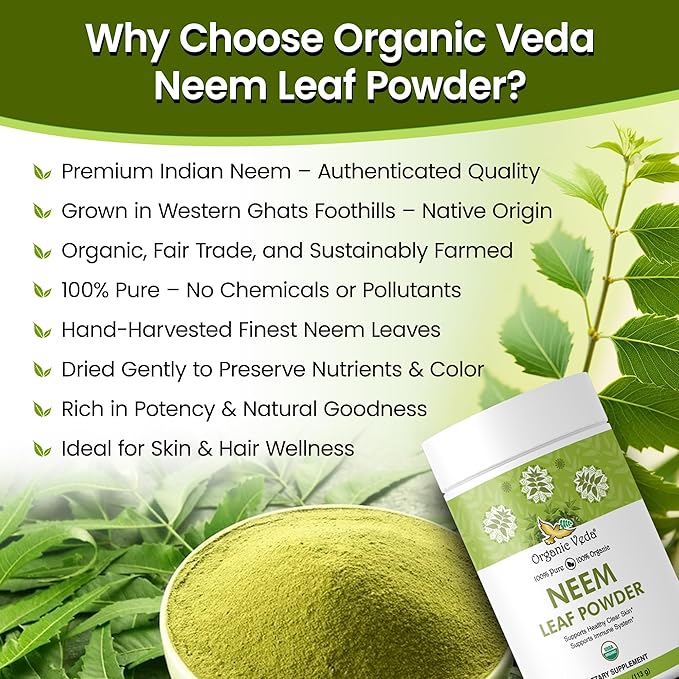 Organic Veda Neem Leaf Powder - Gentle Dried Organic Neem Leaves Powder - Herbal Supplement for Skin, Gut Cleanse & Immune Support - Non-GMO, Gluten-Free, Vegan – 4 oz