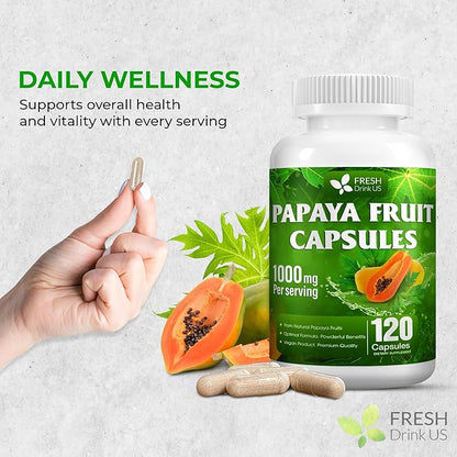 FRESHDRINKUS, 120 Papaya Fruit Extract Capsules| Papain Enzyme| 100% from Natural Papaya Fruit Extract| 500mg per Capsule| 1,000mg per Serving| 60 Days Supply| Vegan Capsulesc Non-GMO, Gluten-Free