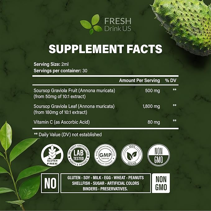 FRESHDRINKUS, Premium 2 fl oz Soursop Graviola Extract Liquid, 60ml Soursop Extract Liquid, 30 Days Supply – 100% from Natural Soursop Leaves and Fruit Extract, Vegan, Non-GMO, Gluten-Free (2 fl oz)