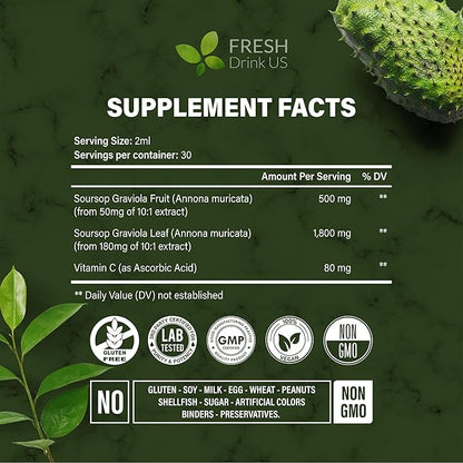 FRESHDRINKUS, Premium 2 fl oz Soursop Graviola Extract Liquid, 60ml Soursop Extract Liquid, 30 Days Supply – 100% from Natural Soursop Leaves and Fruit Extract, Vegan, Non-GMO, Gluten-Free (2 fl oz)