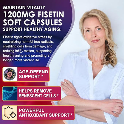 Fisetin Supplement - Liposomal Super Absorption 98% Pure 1200mg with Quercetin, Resveratrol, Green Tea Extract for Healthy Aging & Longevity, Skin Health, Brain & Antioxidant - 60 Softgels