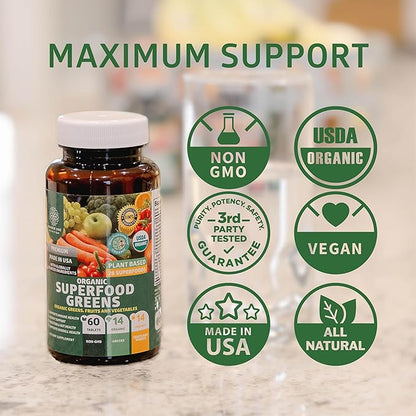 USDA Organic Superfood Greens [28 Powerful Ingredients] Natural Super Greens Capsules, Fruit and Veggie Supplement with Alfalfa, Beet Root and Ginger to Support Energy and Immunity, 60 Tablets