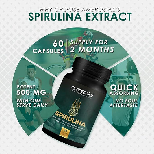 AMBROSIAL Spirulina Capsules 500 mg (Pack of 1-60 Capsules)