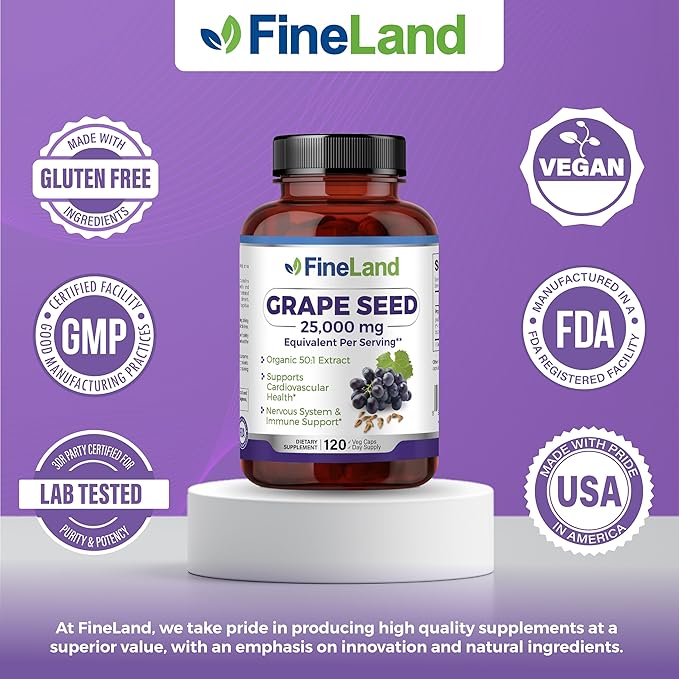 FineLand Grape Seed Extract 50:1 – 25,000mg Equivalent per Capsule – 120 Vegan Capsules – Rich in Antioxidants | Heart, Immune & Circulation Support – Non-GMO | Made in USA