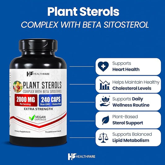Plant Sterols Capsules 2000mg | 240 Vegan Capsules | Beta Sitosterol & Phytosterol Complex | Plant-Based Supplement | Non-GMO & Gluten-Free | Made in The USA