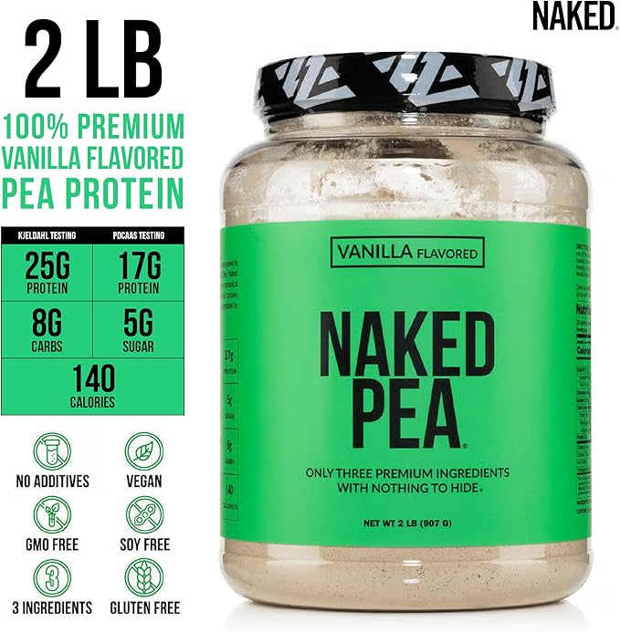 NAKED Vanilla Pea Protein Isolate from North American Farms, Only 3 Ingredients, Vanilla Vegan Protein, Gluten-Free, Soy Free, GMO Free - 2LB