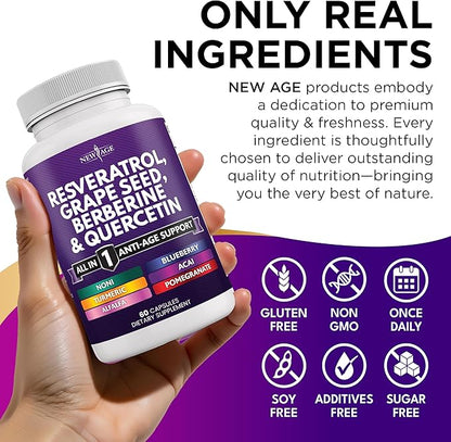 NEW AGE Resveratrol, Berberine, Grape Seed Extract, Quercetin - Polyphenol Supplement for Women and Men with Noni Extract, N-Acetyl Cysteine, Acai Extract - 60 Capsules