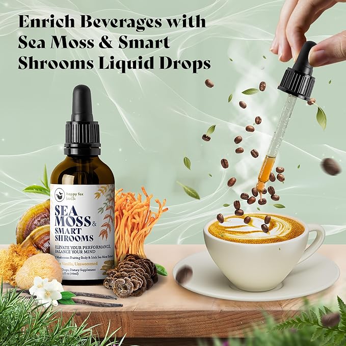 HAPPY FOX Irish Sea Moss Liquid Drops & Mushroom Tincture - Seamoss with 7 Adaptogenic Mushroom Extracts for Cognitive Support & Gut Health, Mushroom Coffee Elixir, Pure Vanilla Flavor