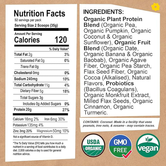 EarthChimp Organic Vegan Protein Powder - with Probiotics - Non GMO, Dairy Free, Non Whey, Plant Based Protein Powder for Women and Men, Gluten Free - 52 Servings 64 Oz (Vanilla) No Scoop