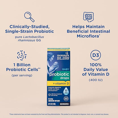 Mommy's Bliss Baby Probiotic Drops + Vitamin D, Supports Digestive Health and Immunity, 400IU Vitamin D for Healthy Bone Development, Newborns +, Flavorless, 0.34 Fl Oz (30 Servings)