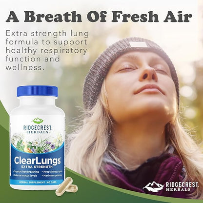 RidgeCrest Herbals ClearLungs Extra Strength, Natural Lung, Nasal Health Formula, Bronchial, Respiratory, Sinus, Mucus Support (60 Caps, 30 Serv)