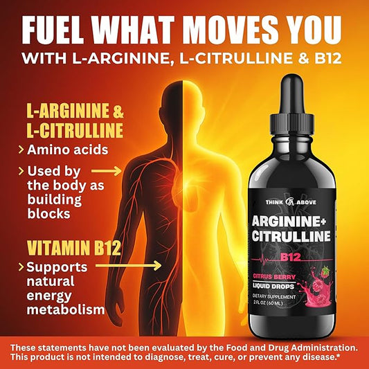 L-Arginine + L-Citrulline Liquid Drops with Vitamin B12 – Citrus Berry Flavor, 2 fl oz (60 ml) - Fast Absorption, Easy-to-Use
