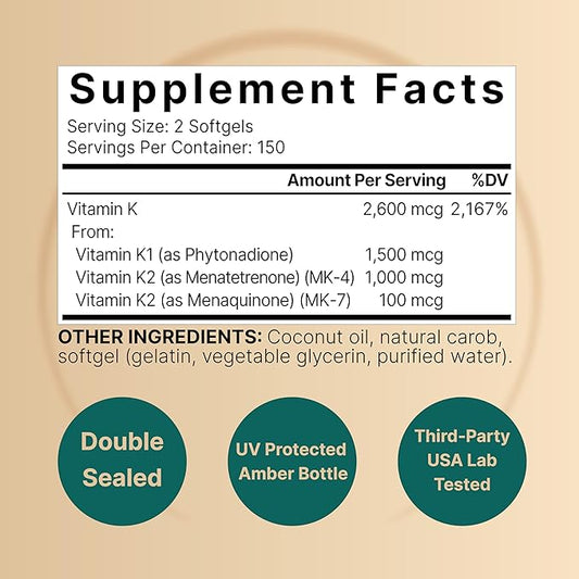 NatureBell Vitamin K Complex, K1 + K2 (MK-7 & MK-4) 2,600mcg Per Serving, 300 Coconut Oil Softgels | Max Absorption – Full Spectrum K Vitamins Supplement | Heart & Bone Support | Non-GMO