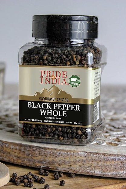 Pride of India – Black Peppercorn Whole – Gourmet & Culinary Spice – Full Bodied, Dried & Flavorful – Preservatives & Gluten Free – 7 oz. Medium Dual Sifter Jar