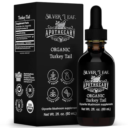 Silverleaf Apothecary Organic Triple-Extracted Turkey Tail Tincture Mushroom Supplement for Immune Support, Gastrointestinal & Gut Microbiome Wellness - 2 Fl Oz (60ml)