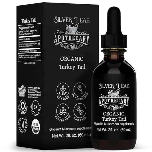 Silverleaf Apothecary Organic Triple-Extracted Turkey Tail Tincture Mushroom Supplement for Immune Support, Gastrointestinal & Gut Microbiome Wellness - 2 Fl Oz (60ml)