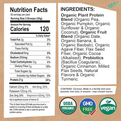 Organic Vegan Protein Powder - with Probiotics - Non GMO, Dairy Free, Non Whey, Plant Based Protein Powder for Women and Men, Gluten Free - 52 Servings, 64 Oz (Plain & Unsweetened)