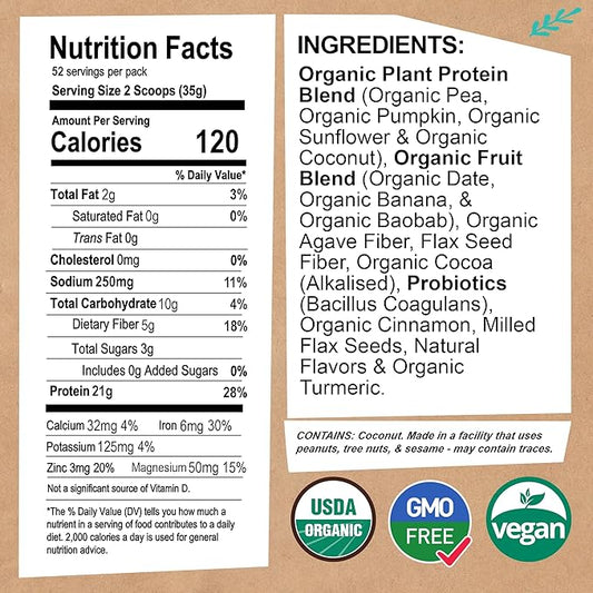 Organic Vegan Protein Powder - with Probiotics - Non GMO, Dairy Free, Non Whey, Plant Based Protein Powder for Women and Men, Gluten Free - 52 Servings, 64 Oz (Plain & Unsweetened)