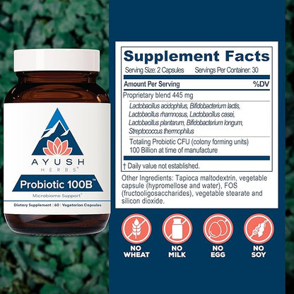 Ayush Herbs Probiotic 100B - Probiotics for Women, Probiotics for Men, Prebiotics and Probiotics for Digestive Health, Gas Relief, Gut Microbiome Balance - 60 Vegetarian Capsules (1 Count)