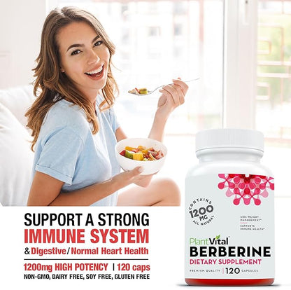 Plantvital Berberine 1200mg (2 caps) Non-GMO Supplement for Immunity Support and Normal Cardiovascular Health - 240 Count, Vegan, and Made in The USA