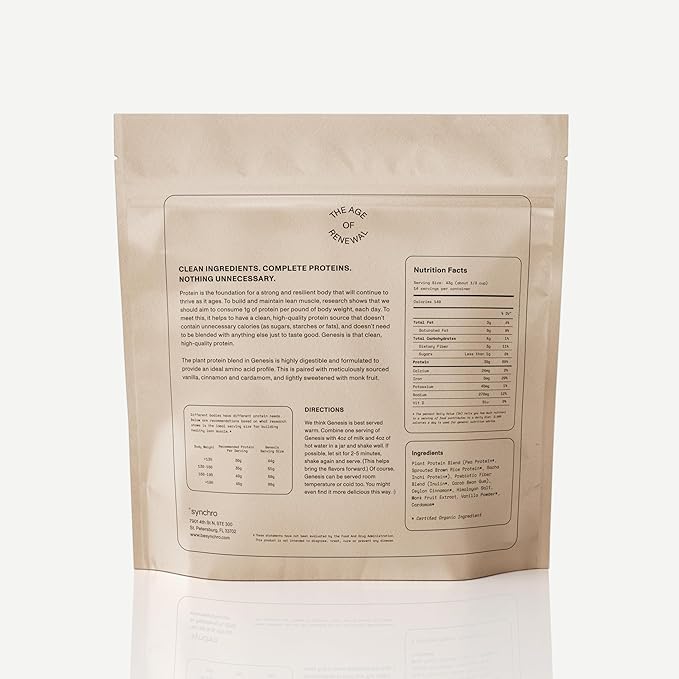 Synchro Genesis Plant Based Protein Powder | Vanilla Spice | 30g of Organic Protein Per Serving | <1g Sugar | 1g Net Carbs | No Stevia | Superfoods + Prebiotics | Vegan + Keto Friendly