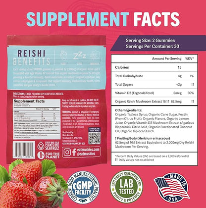 Mushie 100% Organic Reishi Mushroom Gummies - 2000mg Reishi Nootropic for Relaxation, Sleep, Cardiovascular Health & Immune Support with Vitamin D - Vegan, Gluten-Free - 60 Count