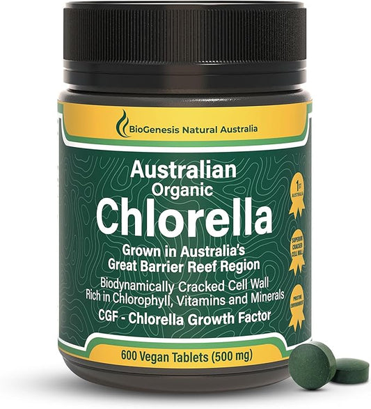 Biogenesis Organic Chlorella Tablets – 600 Count (500mg) | Australian Grown | BioDynamic Cracked Cell Wall | Rich in Chlorophyll, Vitamins & Minerals | Supports Energy & Immunity | Vegan Tablets