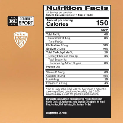 BARE PERFORMANCE NUTRITION, BPN Whey Protein + Casein Protein Powder Blend, Peanut Butter, 25g Protein per Serving Supports Lean Muscle Recovery, 27 Servings, Third Party Tested