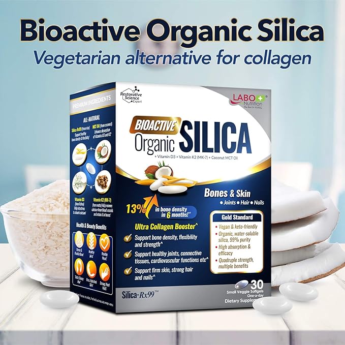 LABO Nutrition Bioactive Silica | Vegan Support for Strong Joint, Bones & Healthy Collagen Production, Glowing Skin, Strong Hair & Nails | 99% Purity Rice-Derived Silica Supplement, 30 Vegan Softgel