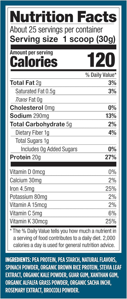 Vega Protein + Supergreens - 20g Plant-Based Protein, Vanilla, 25 Servings, Real Greens & Veggies, Vegan Keto, 0g Added Sugar, Non-GMO, Gluten Free, Dairy Free, 1.68 lbs (Packaging May Vary)
