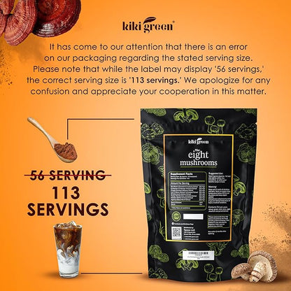 KIKI Green 8 Mushrooms Powder Extract - Supplement Blend 8 oz - Lion's Mane, Reishi, Chaga, Cordyceps, Maitake, Shiitake - for Focus and Energy - Add to Coffee and Smoothies