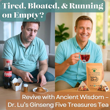Dr. Lu’s Organic Ginseng Five Treasures Tea Kidney Tea | Ginseng Six Treasures tea for Kidney Cleanse Detox & Repair with Maca Root in Corn Fiber Pyramid Bags (No Plastic/Nylon) | Made in US