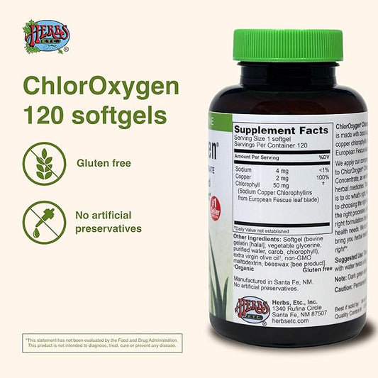 Herbs Etc. ChlorOxygen Chlorophyll Concentrate - Aids Healthy Blood Circulation - High-Altitude Environment Support - Energy Support - 120 Softgels (120 Servings)