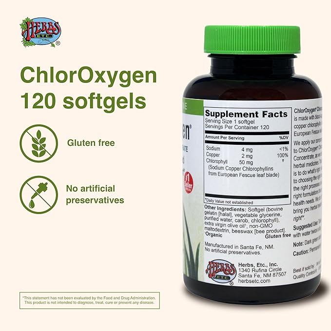 Herbs Etc. ChlorOxygen Chlorophyll Concentrate - Aids Healthy Blood Circulation - High-Altitude Environment Support - Energy Support - 120 Softgels (120 Servings) - 2 Pack
