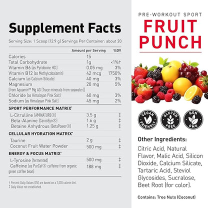 Kaged Sport Pre Workout Powder for Men & Women, Fruit Punch, Sport Certified, 188mg Caffeine, Nitric Oxide Supplement, Beta Alanine for Energy, Weightlifting, Cardio Endurance & Strength, 20 Servings
