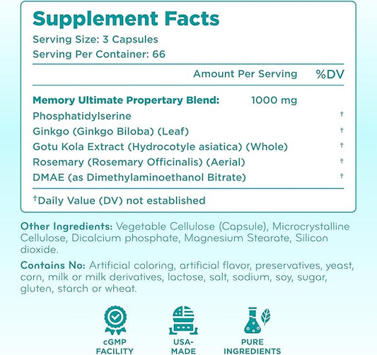 Phosphatidylserine Nootropics Brain Support Supplement - Advanced Memory Supplement for Brain Function Support with DMAE Gotu Kola and Ginkgo Biloba - Non-GMO Vegan & Made in The US (60+ Servings)