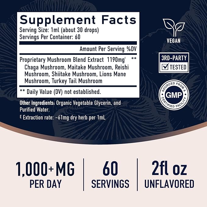 Mushrooms Liquid Drops Complex | Lions Mane Supplement with Turkey Tail Mushroom, Reishi, Shiitake & More | Support Cognitive Function, Memory & Focus | Non-GMO, Soy-Free | 2 Fl Oz, 60 Servings