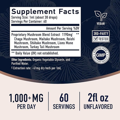Mushrooms Liquid Drops Complex | Lions Mane Supplement with Turkey Tail Mushroom, Reishi, Shiitake & More | Support Cognitive Function, Memory & Focus | Non-GMO, Soy-Free | 2 Fl Oz, 60 Servings