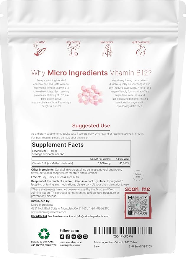 Micro Ingredients Vitamin B12 | Methyl B12 Active Form – 365 Chewable Tablets | Fast Dissolve, Natural Strawberry Flavor | Supports Energy & Metabolism Health | Vegan, Non-GMO, Gluten Free
